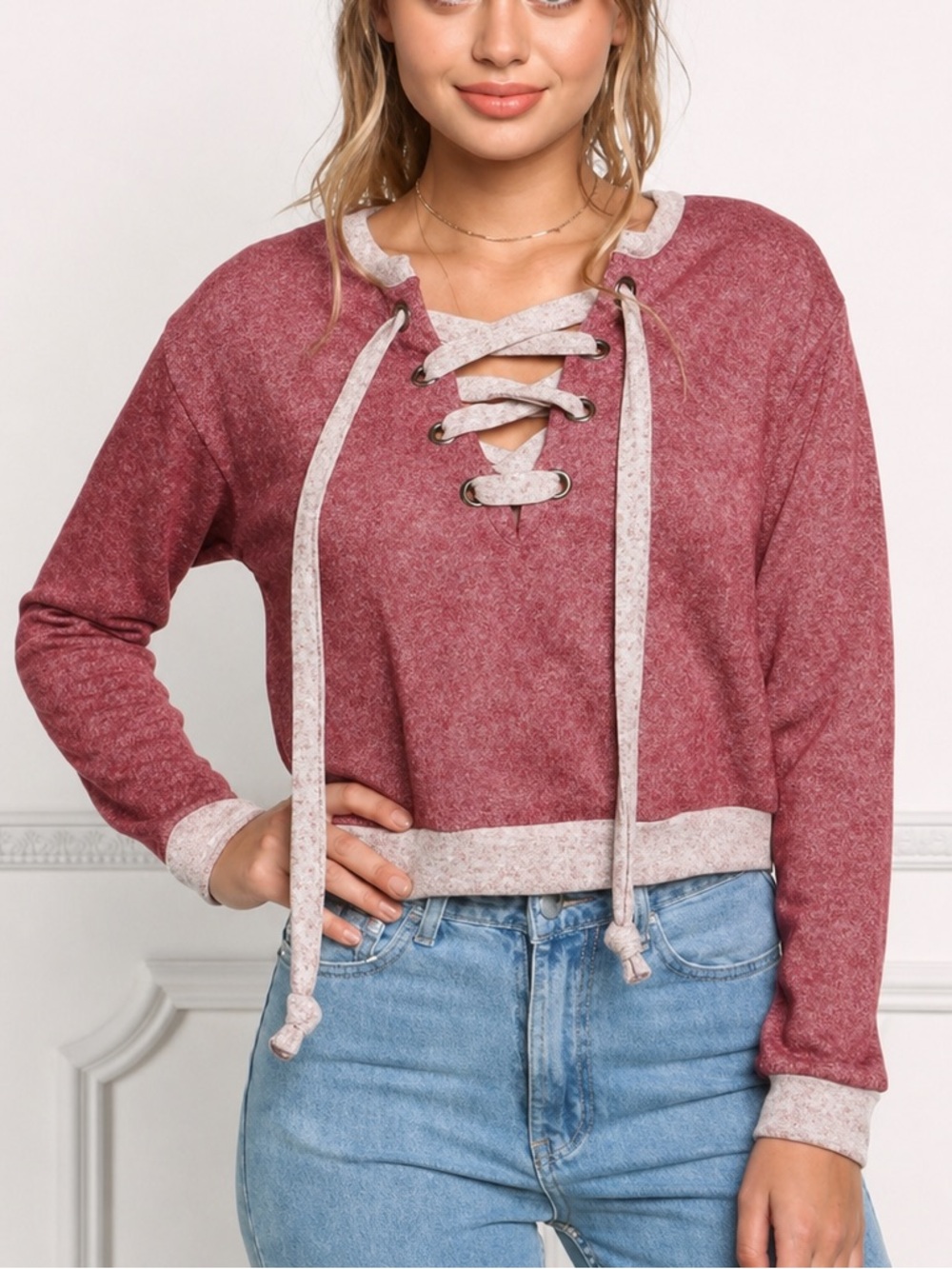 Love Couture Lace-Up Knit Sweater Top in Rose
